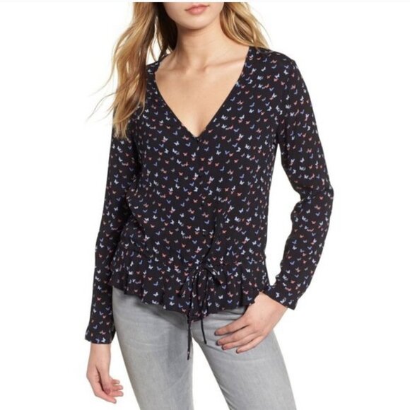 Rails Black Butterfly Print V-neck Button Front Waist Tie Peplum Blouse Top M - Picture 2 of 14